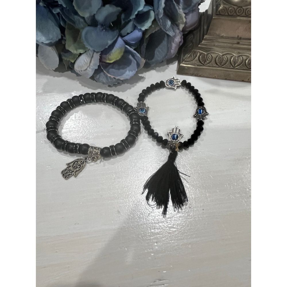Hamsa & eye good luck black beaded bracelet lot of 2‎